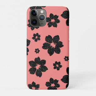 Coral Pink Floral Black sparkle Glitter Flower iPhone 11 Pro Case