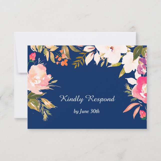 Coral Pink Floral Border Navy Blue Wedding RSVP Card (Front)