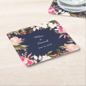 Coral Pink Floral Border on Navy Blue Wedding Square Paper Coaster (Angled)