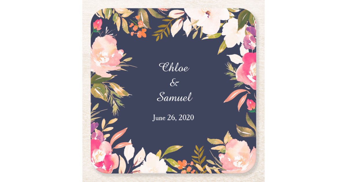 Coral Pink Floral Border on Navy Blue Wedding Square Paper ... Floral round pink floral flower border frame as corner on white background with copy space.