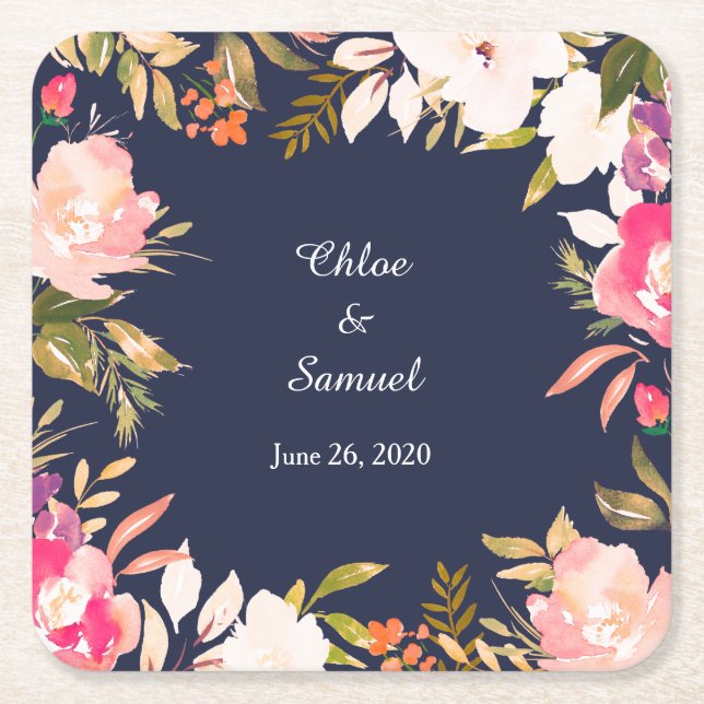 Coral Pink Floral Border on Navy Blue Wedding Square Paper Coaster (Front)