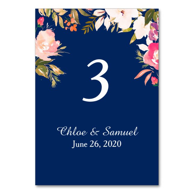 Coral Pink Floral Border Wedding Table Number (Front)