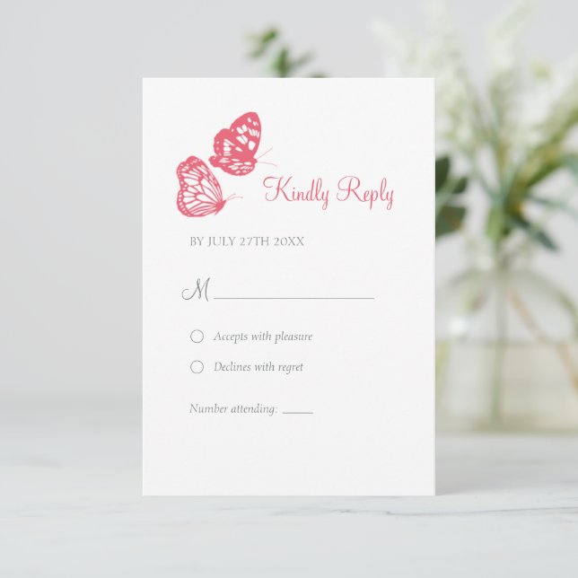 Coral Pink Floral Butterfly Garden Boho Wedding  RSVP Card (Standing Front)