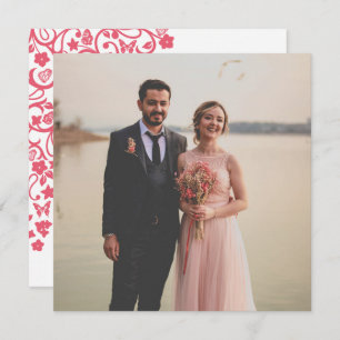 Coral Pink Floral Butterfly Garden Square Photo Thank You Card