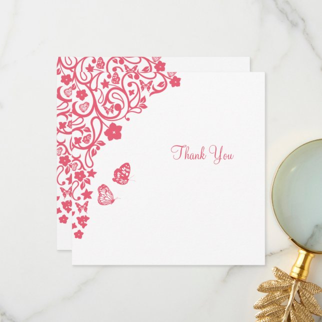 Coral Pink Floral Butterfly Garden Square Wedding Thank You Card (Front/Back In Situ)