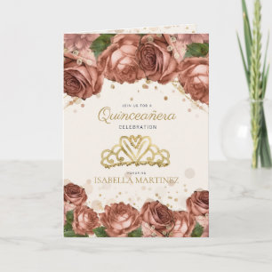 Coral Pink Floral Gold Glitter Quinceañera Photo Invitation