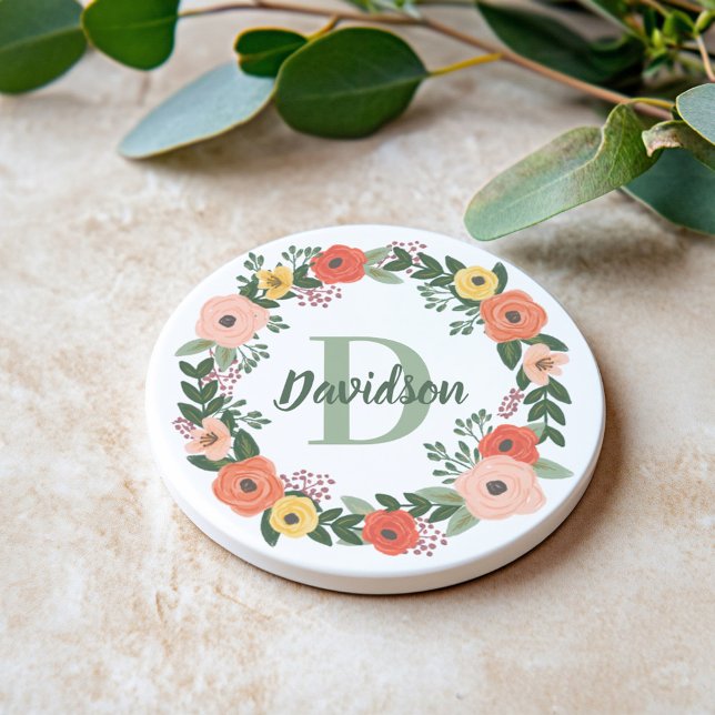 Coral Pink Floral Greenery Monogram Wreath Coaster (Creator Uploaded)