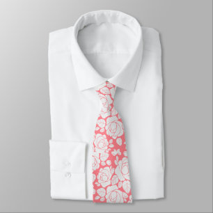 Coral Pink Floral Rose Wedding Neck Tie