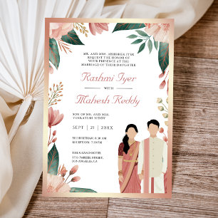 Coral Pink Floral South Indian Couple Wedding Invitation