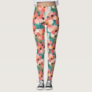 Coral Pink Floral Turquoise Vintage Leggings