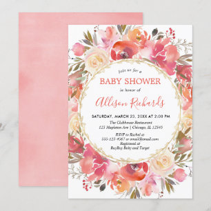 Coral pink floral watercolor baby shower girl invitation
