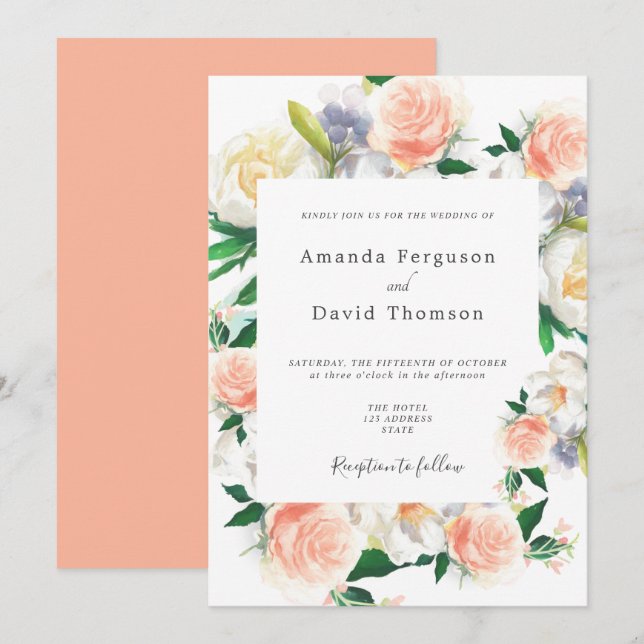 Coral pink florals script wedding invitation (Front/Back)