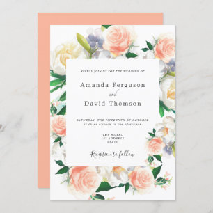 Coral pink florals script wedding invitation