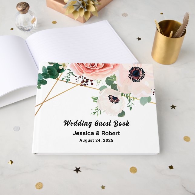 Coral Pink Flowers Elegant Floral Wedding Custom Guest Book (Front Open)