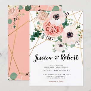 Coral Pink Flowers Elegant Wedding Invitation