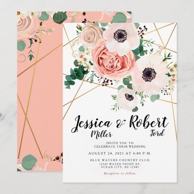 Coral Pink Flowers Elegant Wedding Surnames Invitation (Front/Back)