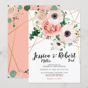 Coral Pink Flowers Elegant Wedding Surnames Invitation