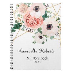 Coral Pink Flowers Modern Geometric Notebook