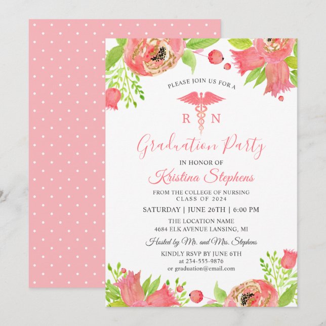 Coral Pink Flowers Nursing School Graduation Party Invitation (Front/Back)