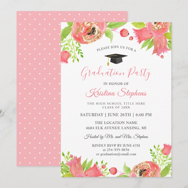 Coral Pink Flowers Spring Garden Graduation Party Invitation (Front/Back)