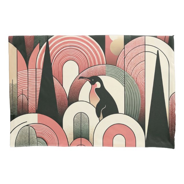 Coral Pink Geometric Abstract Art Deco Penguin Pillowcase (Front)