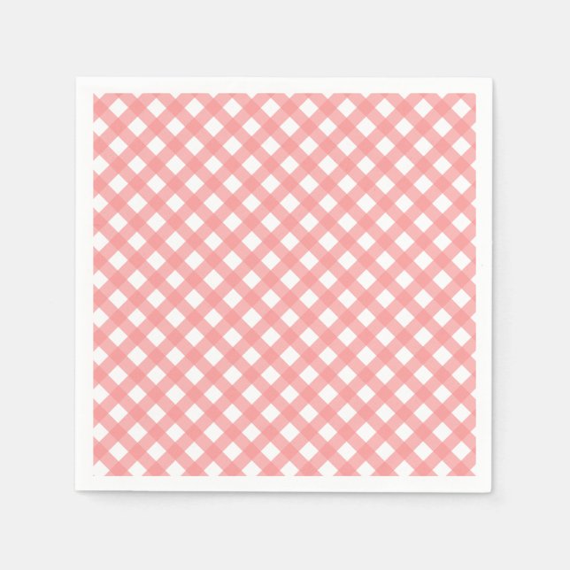 Coral Pink Gingham Paper Napkins (Front)