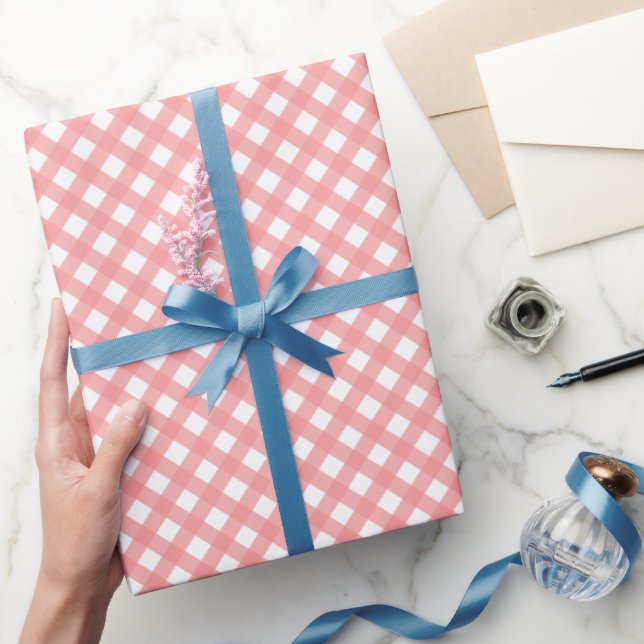 Coral Pink Gingham Print Glossy Wrapping Paper (Gifting)