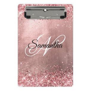 Coral Pink Glitter Fancy Monogram Rose Gold Foil Mini Clipboard