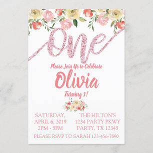 Coral &  Pink Glitter Floral First Birthday Party Invitation