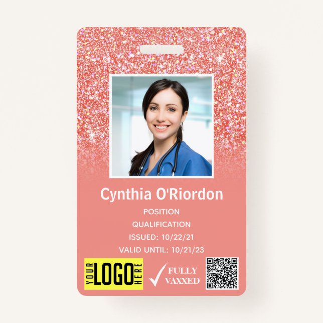 Coral Pink Glitter Photo ID QR Barcode ID Badge (Front)