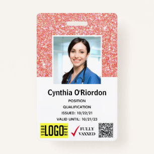 Coral Pink Glitter Technician Photo ID QR Barcode ID Badge