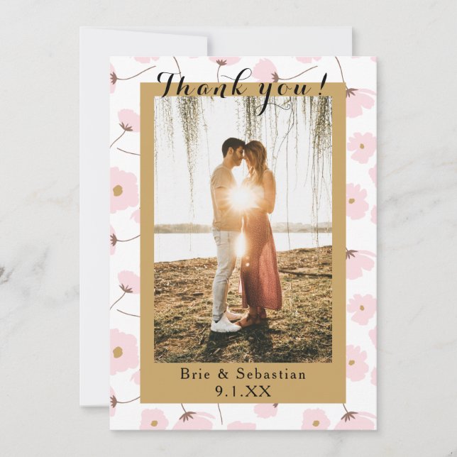 Coral Pink & Gold Floral Photo Wedding Thank You Invitation (Front)