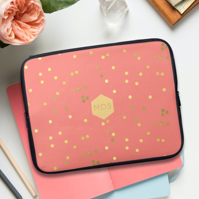 Coral Pink Gold Foil Confetti Sprinkles Monogram Laptop Sleeve (Creator Uploaded)