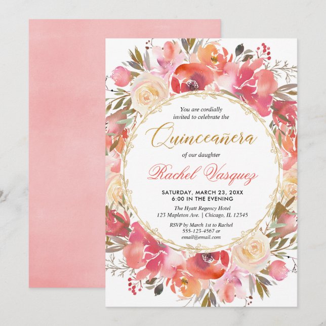 Coral pink gold garden theme Quinceanera Invitation (Front/Back)