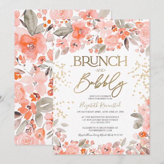 Coral pink gold glitter floral chic bridal shower invitation (Front/Back)