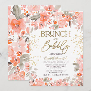 Coral pink gold glitter floral chic bridal shower invitation