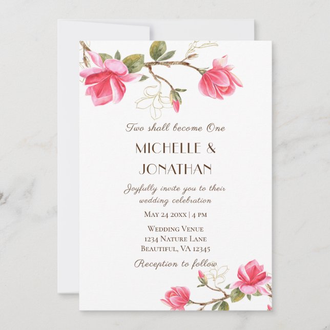 Coral Pink Gold Magnolia Floral Christian Wedding Invitation (Front)