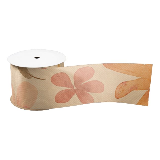 Coral-pink golden floral pattern satin ribbon (Spool)