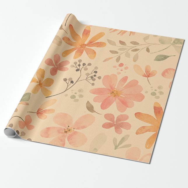 Coral-pink golden floral pattern wrapping paper (Unrolled)