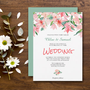 Coral Pink Green Floral Border Wedding Invitation