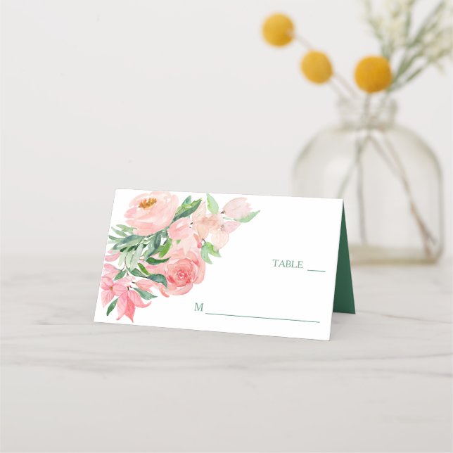 Coral Pink Green Floral Wedding Place Card (Front)