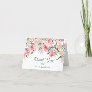 Coral Pink Green Floral Wedding Thank You Card