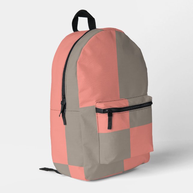 Coral Pink Grey Chequered Pattern Printed Backpack (Back Corner Left)