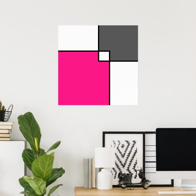 Coral Pink Grey White Squares   Poster (Home Office)