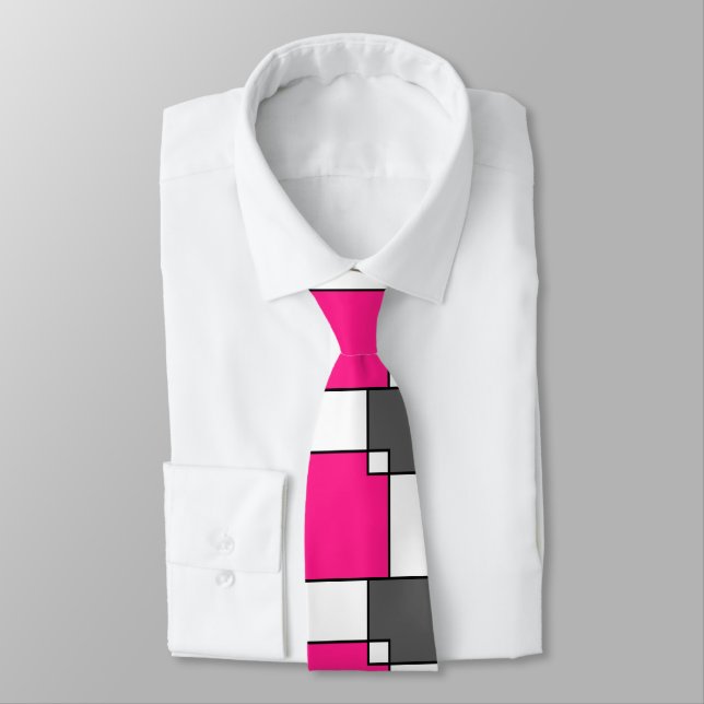 Coral Pink Grey White Squares   Tie (Tied)