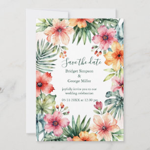 Coral Pink Hawaii Floral Tropical Wedding announce Invitation
