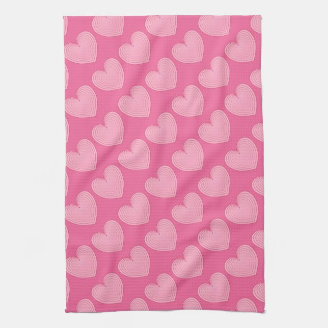 Coral pink hearts, deeper pink background tea towel (Vertical)