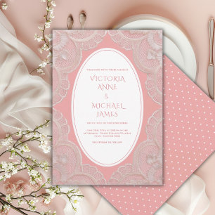 Coral Pink Lace Whimsical Vintage Wedding Invitation