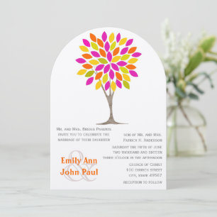 Coral Pink Lemon Green Modern Flower Tree Wedding Invitation