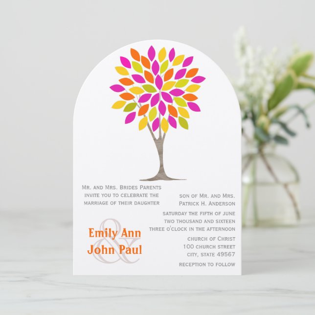 Coral Pink Lemon Green Modern Flower Tree Wedding Invitation (Standing Front)